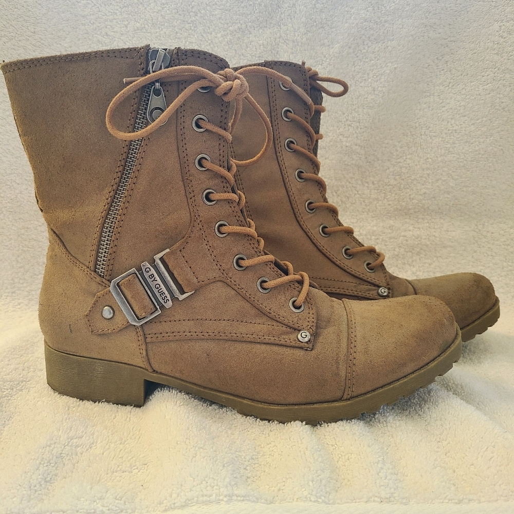 G by Guess Camel Lace Up Side Zip Ankle Boots